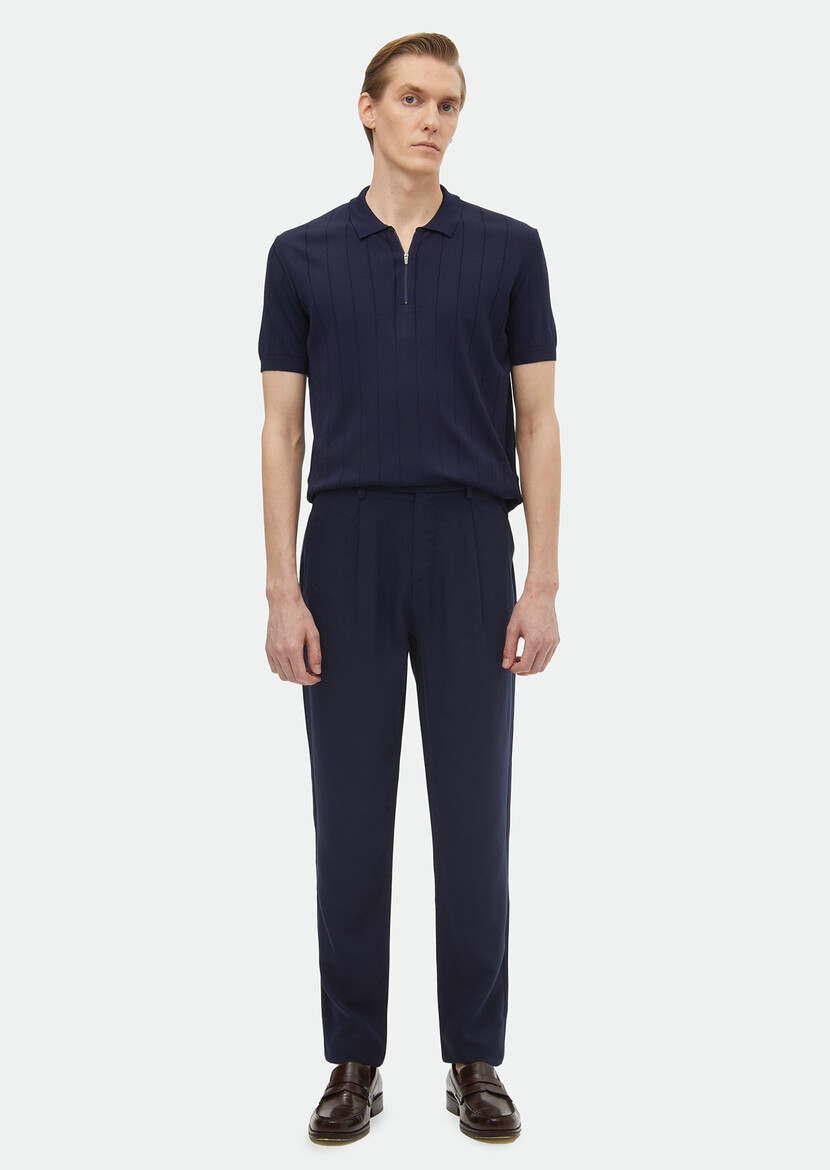 Navy Blue Weaving Regular Fit Casual Trousers 