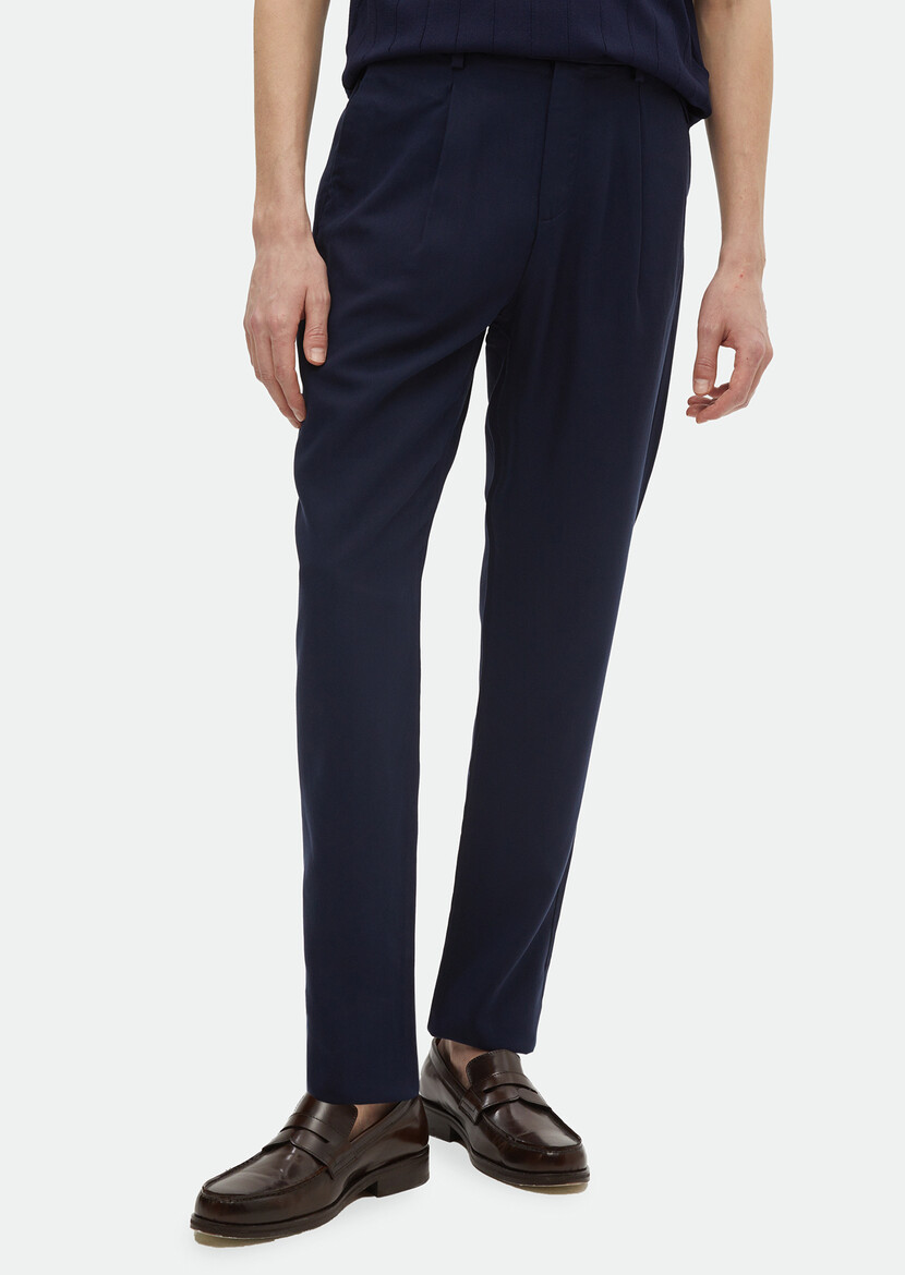 Navy Blue Weaving Regular Fit Casual Trousers - 2