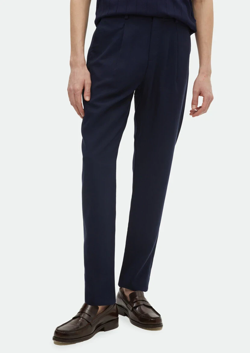 Navy Blue Weaving Regular Fit Casual Trousers 