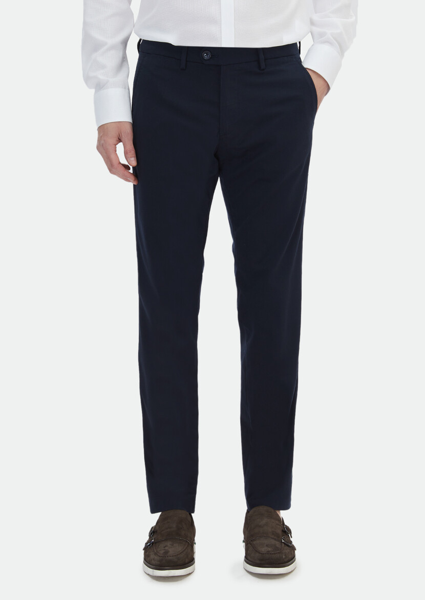 Navy Blue Weaving Regular Fit Casual Trousers - 2