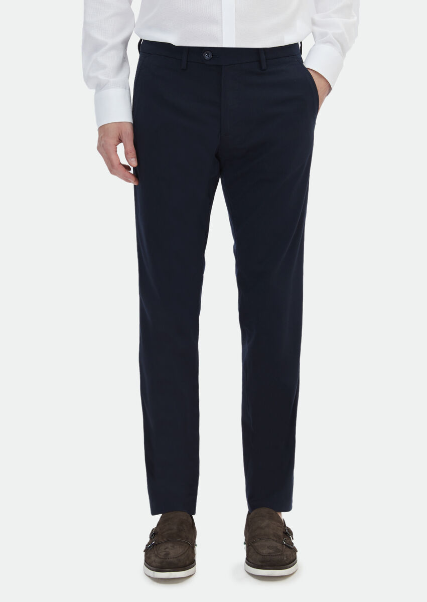 Navy Blue Weaving Regular Fit Casual Trousers - 2