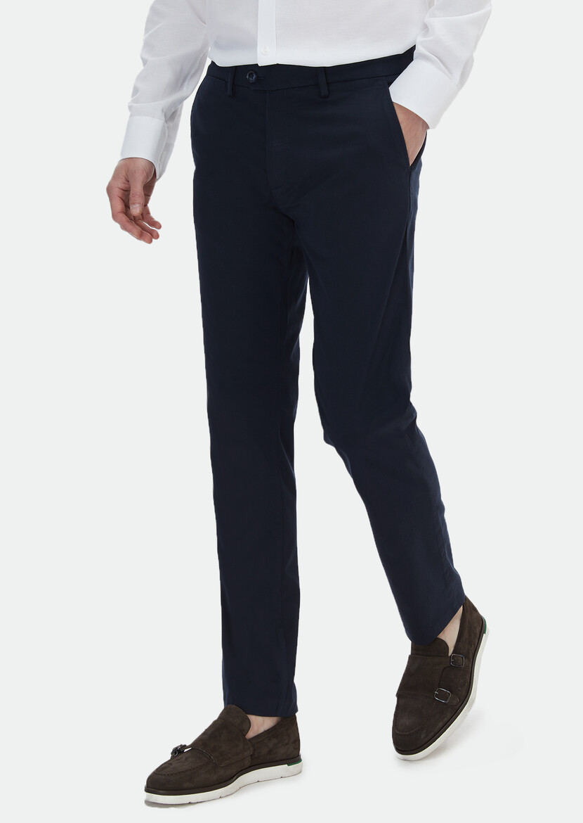 Navy Blue Weaving Regular Fit Casual Trousers - 3