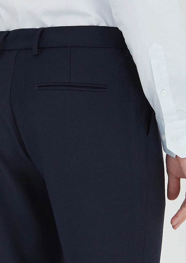 Navy Blue Weaving Regular Fit Casual Wool Blended Trousers - 4
