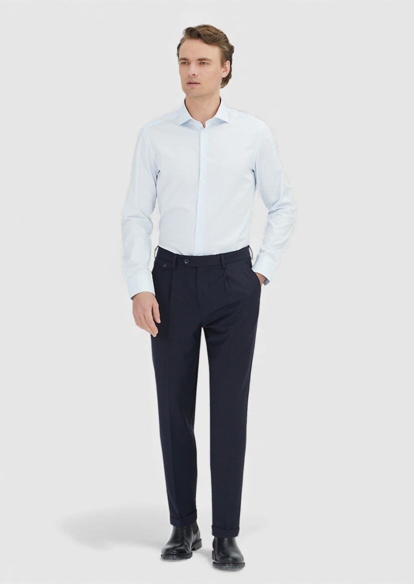 Navy Blue Weaving Regular Fit Casual Wool Blended Trousers - 1
