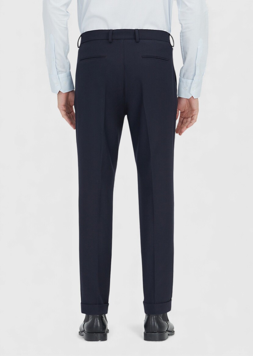 Navy Blue Weaving Regular Fit Casual Wool Blended Trousers - 5