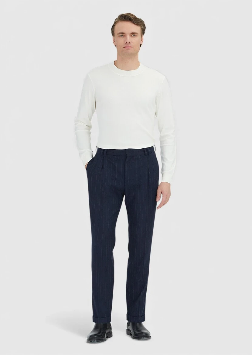 Navy Blue Weaving Regular Fit Casual Wool Blended Trousers - RAMSEY