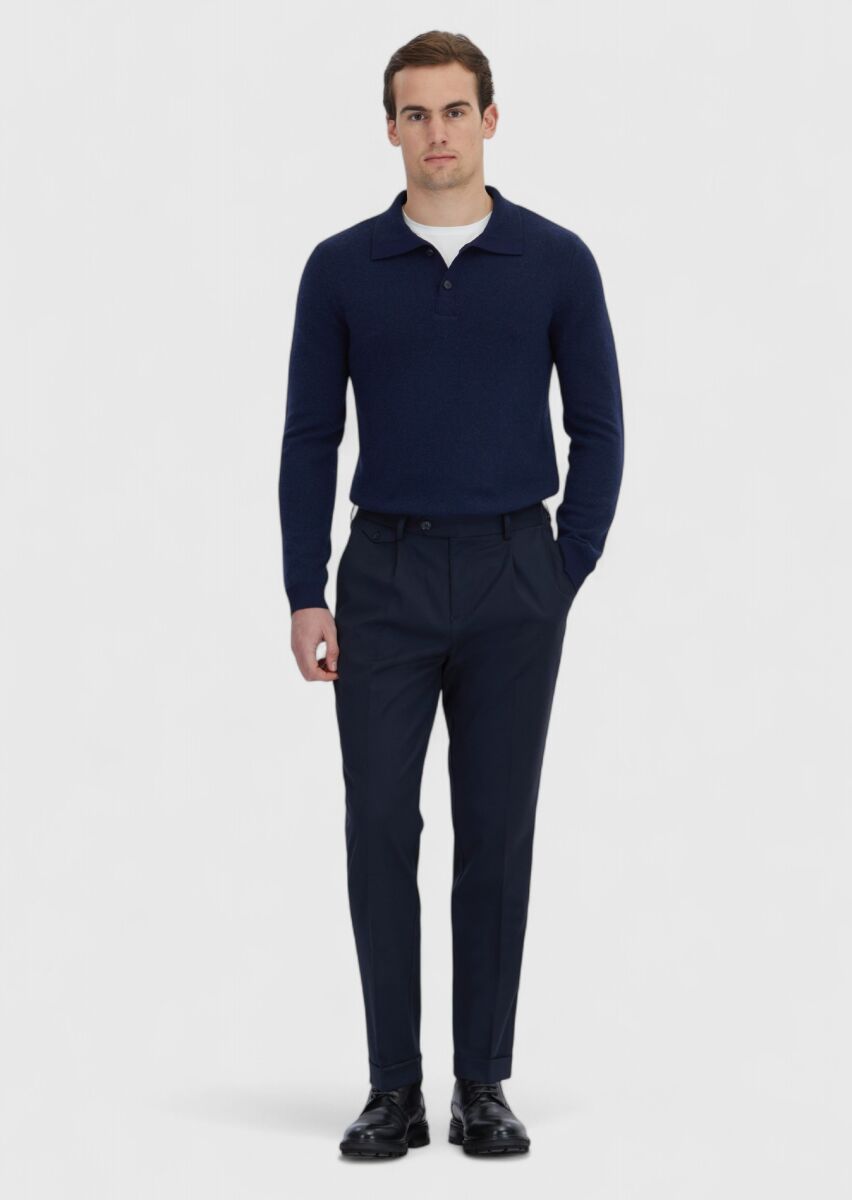 Navy Blue Weaving Regular Fit Casual Wool Blended Trousers - 1