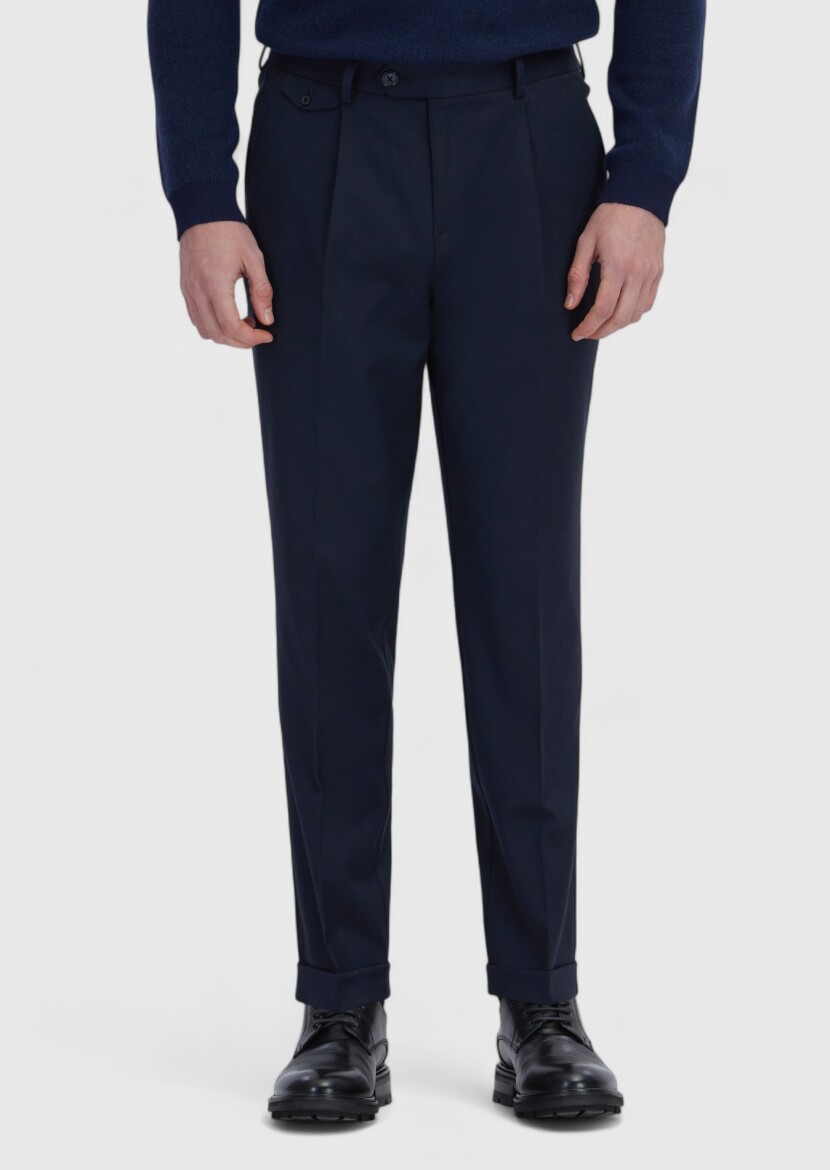 Navy Blue Weaving Regular Fit Casual Wool Blended Trousers - RAMSEY