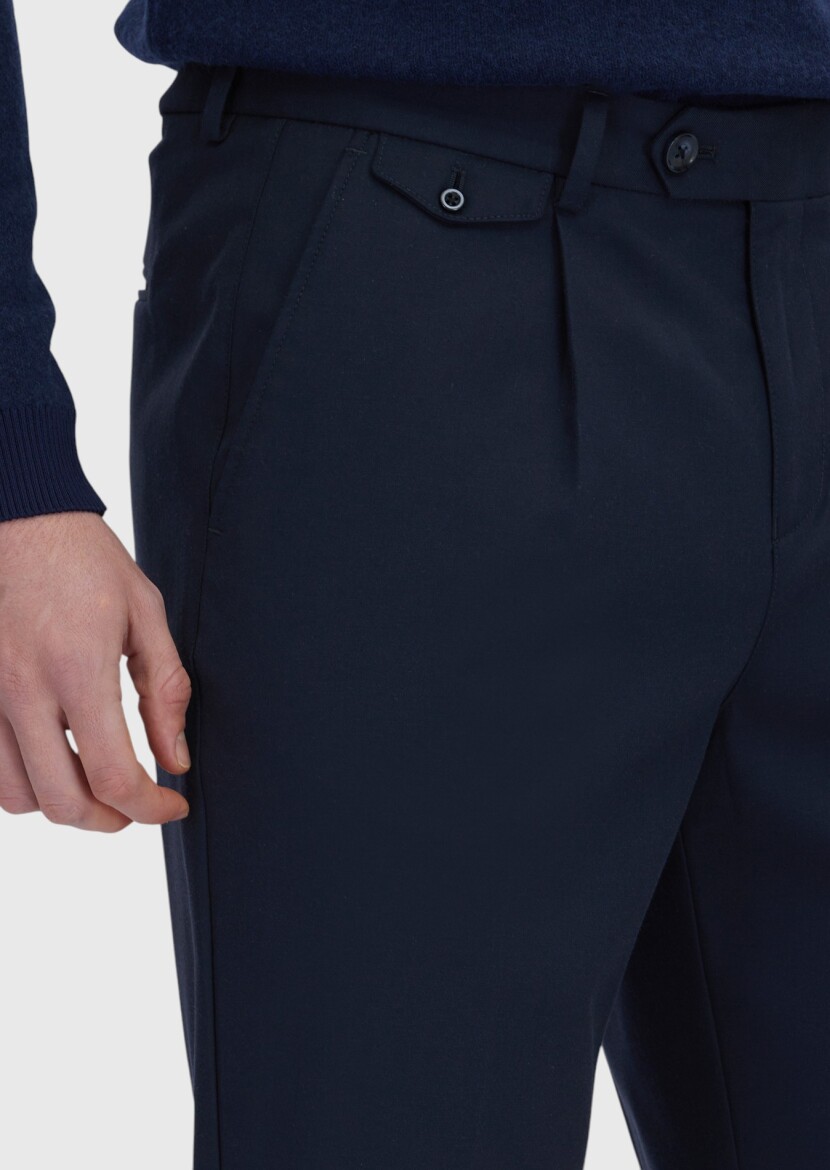 Navy Blue Weaving Regular Fit Casual Wool Blended Trousers - 3