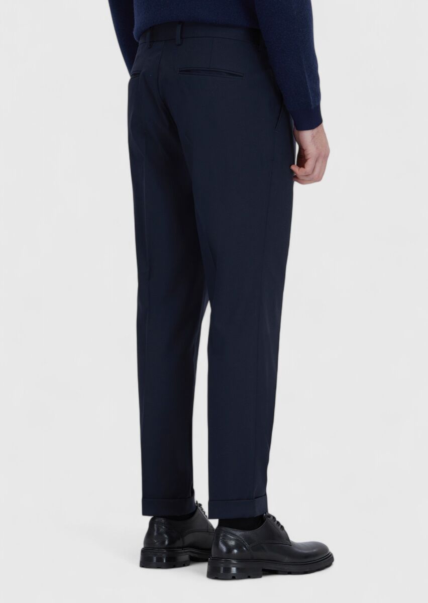 Navy Blue Weaving Regular Fit Casual Wool Blended Trousers - 4