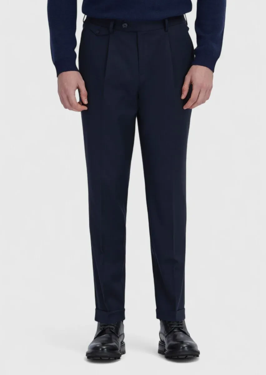 Navy Blue Weaving Regular Fit Casual Wool Blended Trousers - 2