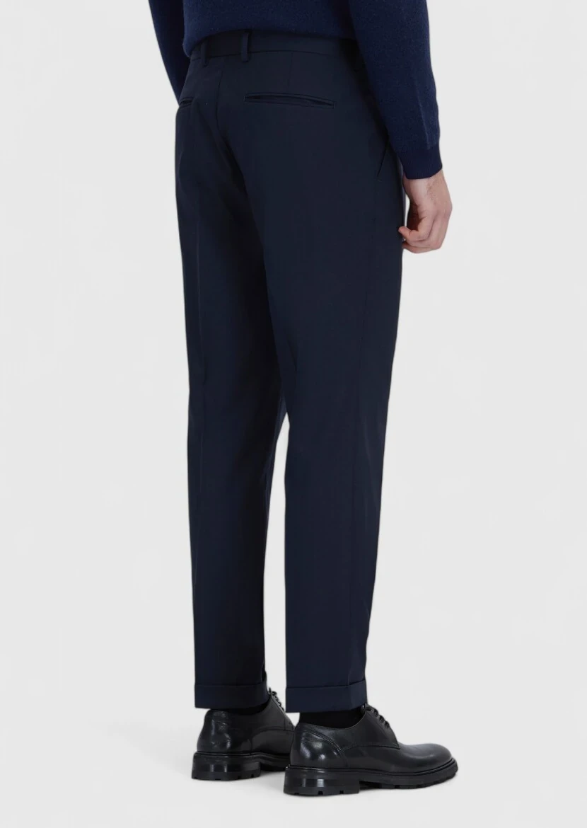 Navy Blue Weaving Regular Fit Casual Wool Blended Trousers - 4