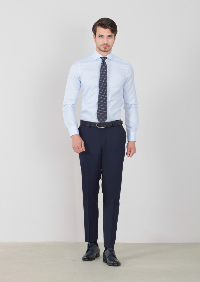 Navy Blue Weaving Regular Fit Classical 100% Wool Trousers - 1