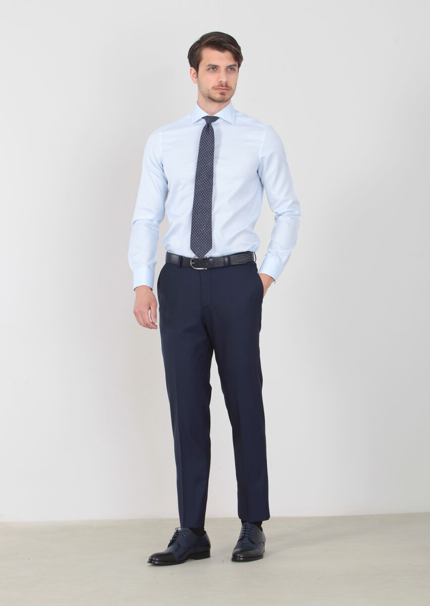 Navy Blue Weaving Regular Fit Classical 100% Wool Trousers - 2