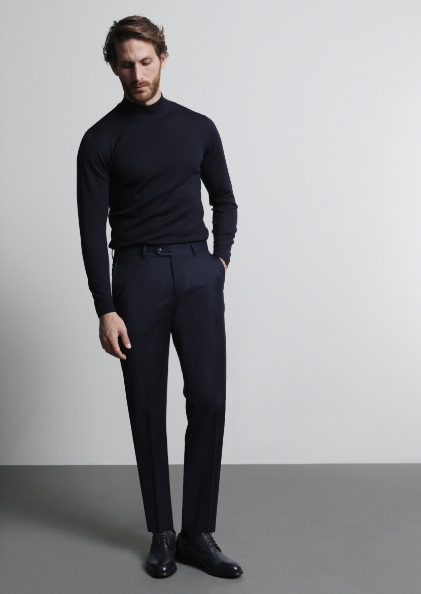 Navy Blue Weaving Regular Fit Classical 100% Wool Trousers 