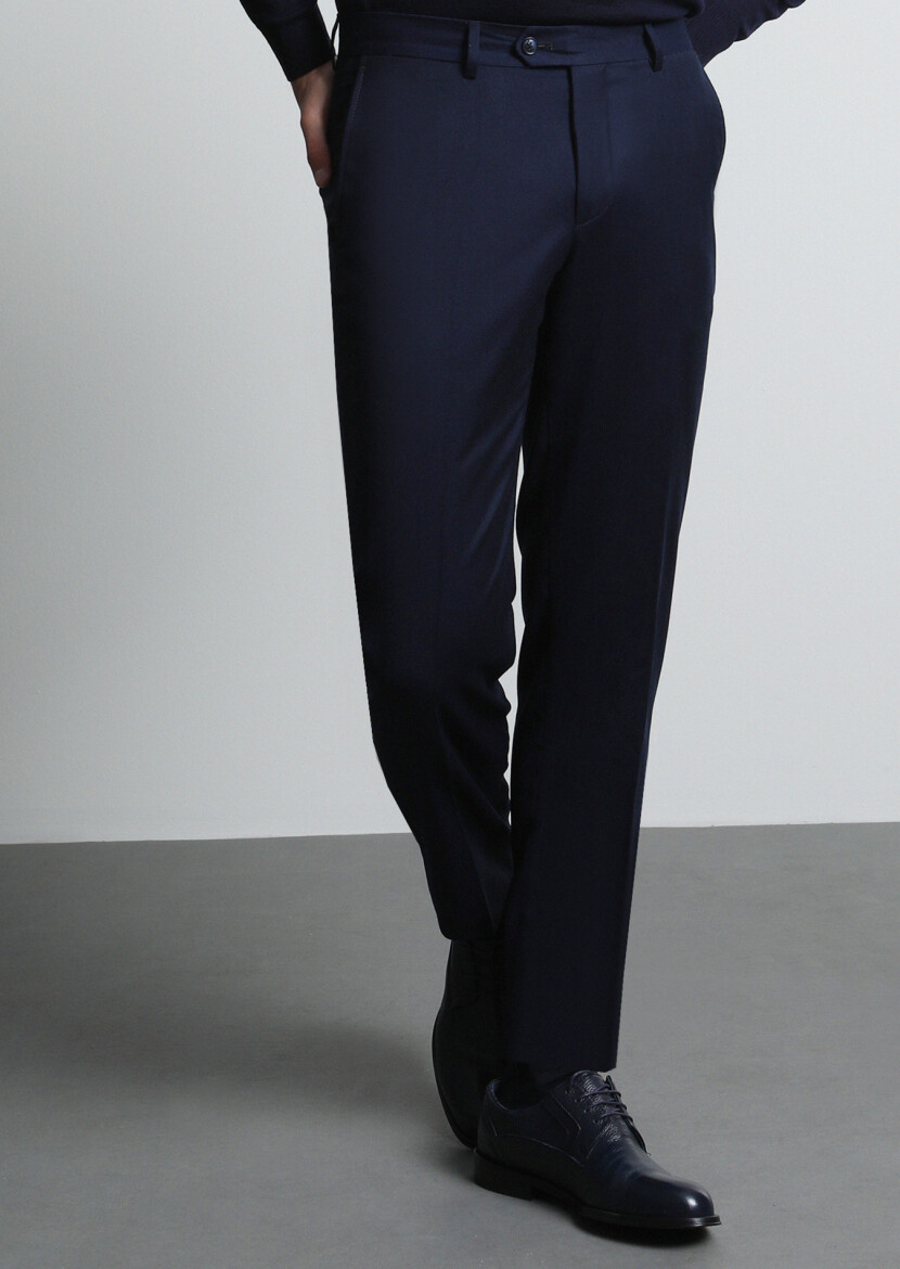 Navy Blue Weaving Regular Fit Classical 100% Wool Trousers - 4