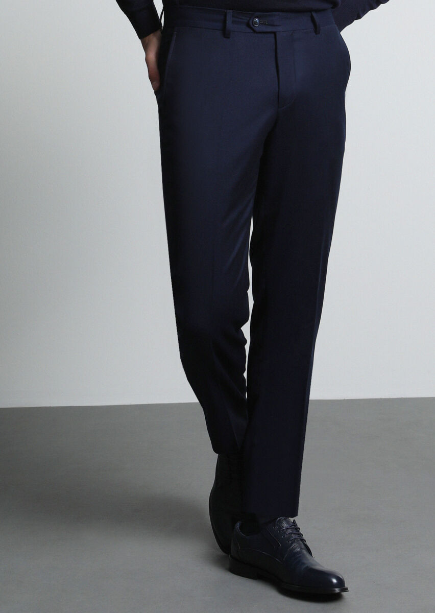 Navy Blue Weaving Regular Fit Classical 100% Wool Trousers - 4