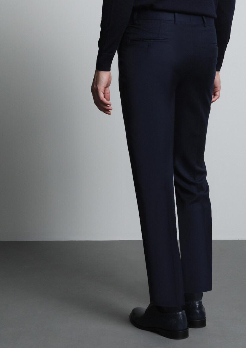Navy Blue Weaving Regular Fit Classical 100% Wool Trousers - 5