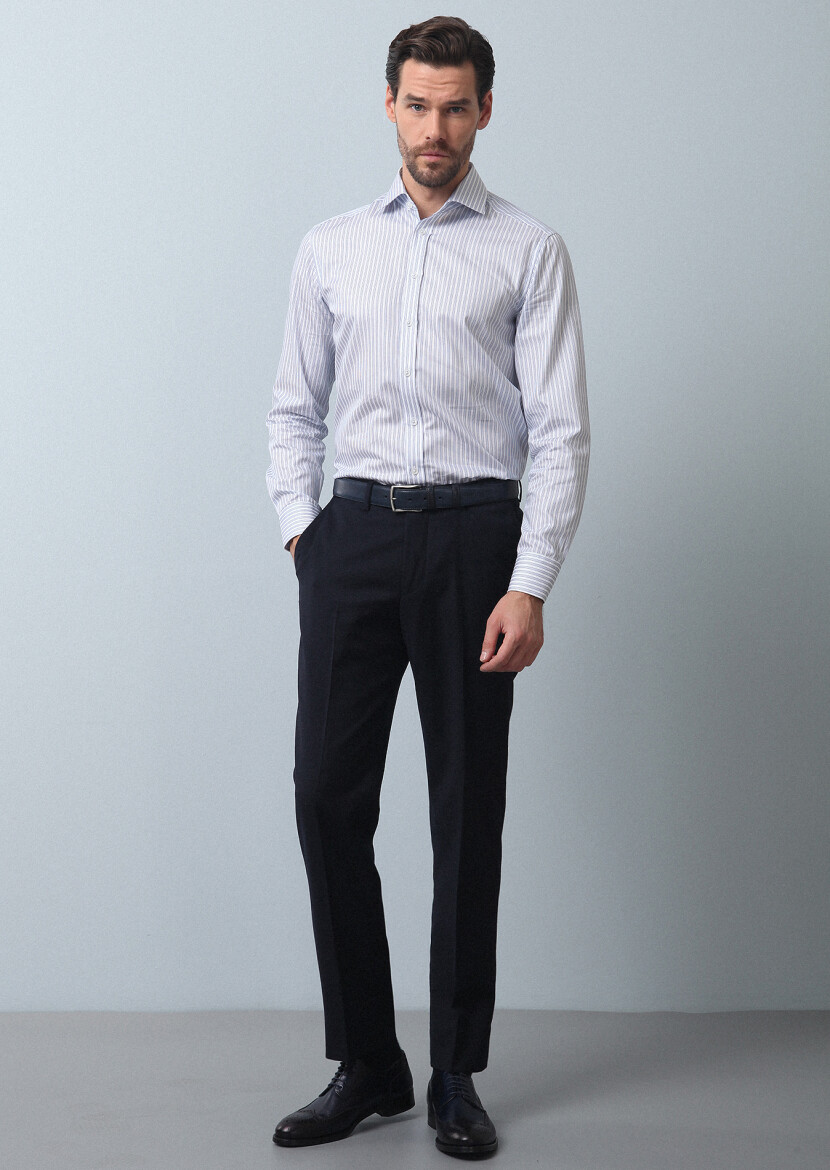 Navy Blue Weaving Regular Fit Classical 100% Wool Trousers - 1