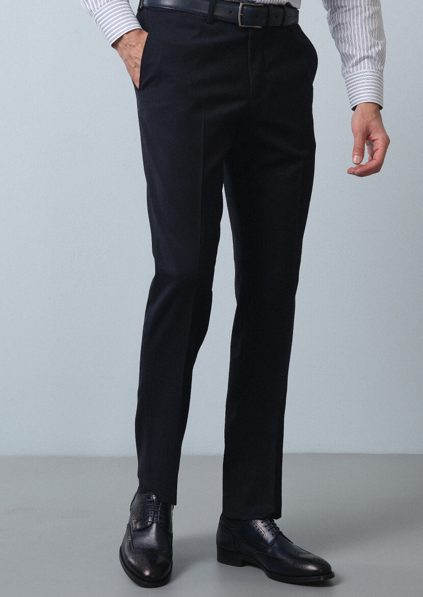 Navy Blue Weaving Regular Fit Classical 100% Wool Trousers 