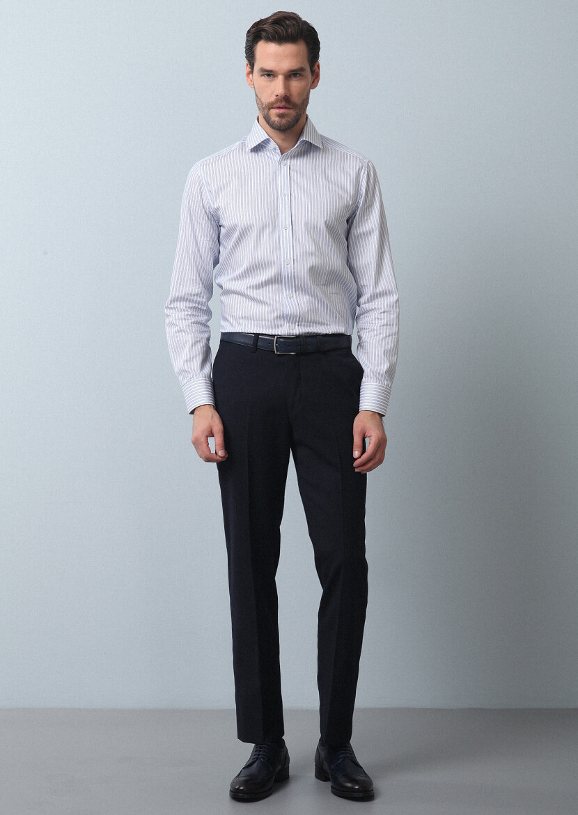 Navy Blue Weaving Regular Fit Classical 100% Wool Trousers - 4