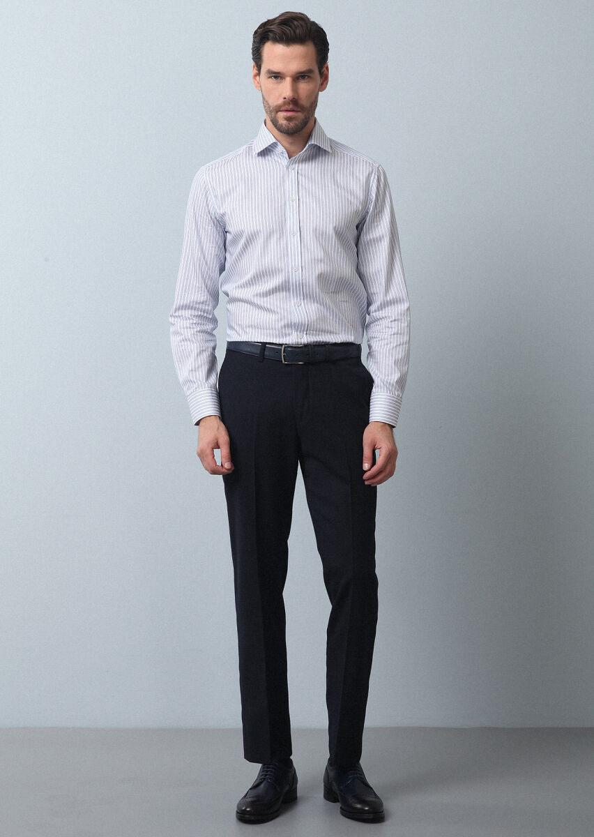 Navy Blue Weaving Regular Fit Classical 100% Wool Trousers - 4