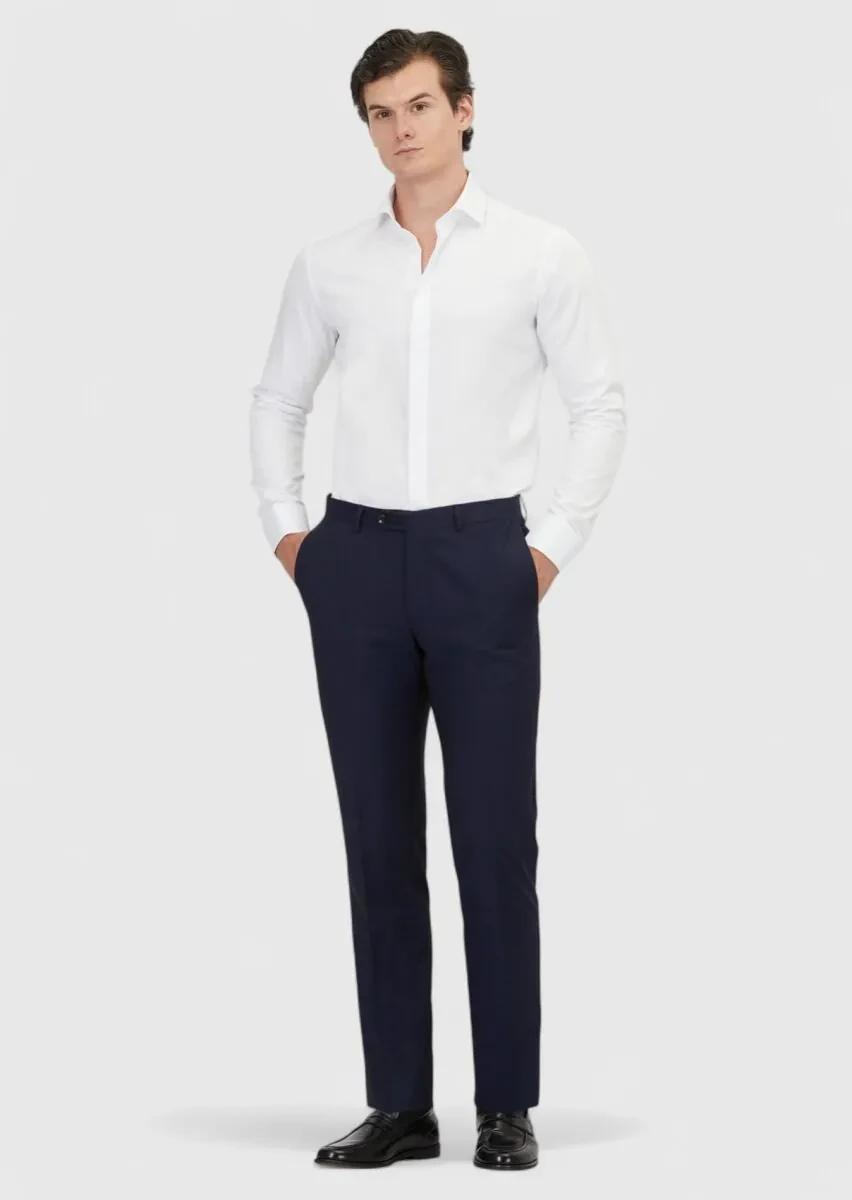 Navy Blue Weaving Regular Fit Classical 100% Wool Trousers - 1