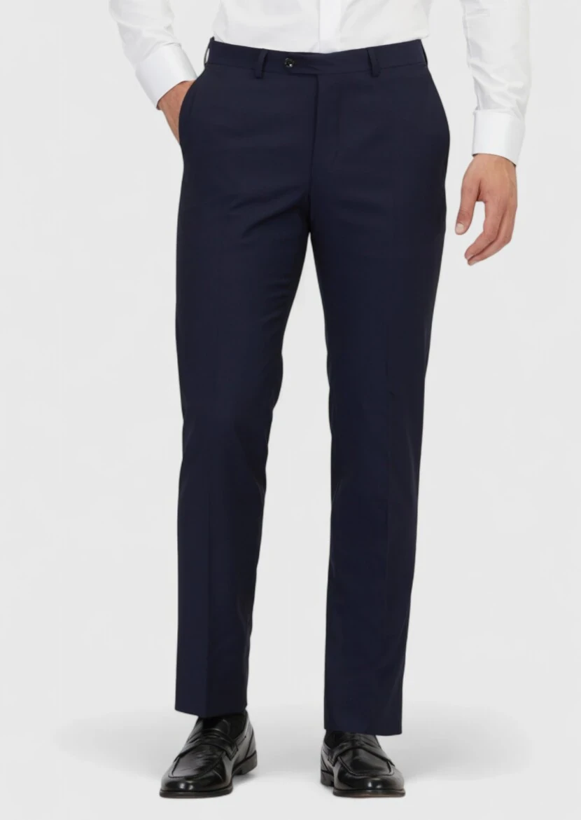 Navy Blue Weaving Regular Fit Classical 100% Wool Trousers - 2