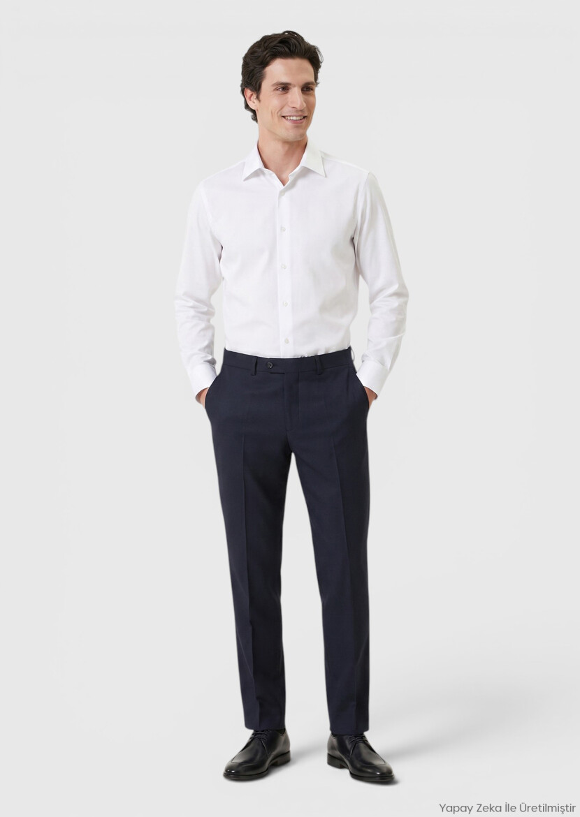 Navy Blue Weaving Regular Fit Classical Wool Blended Trousers - RAMSEY