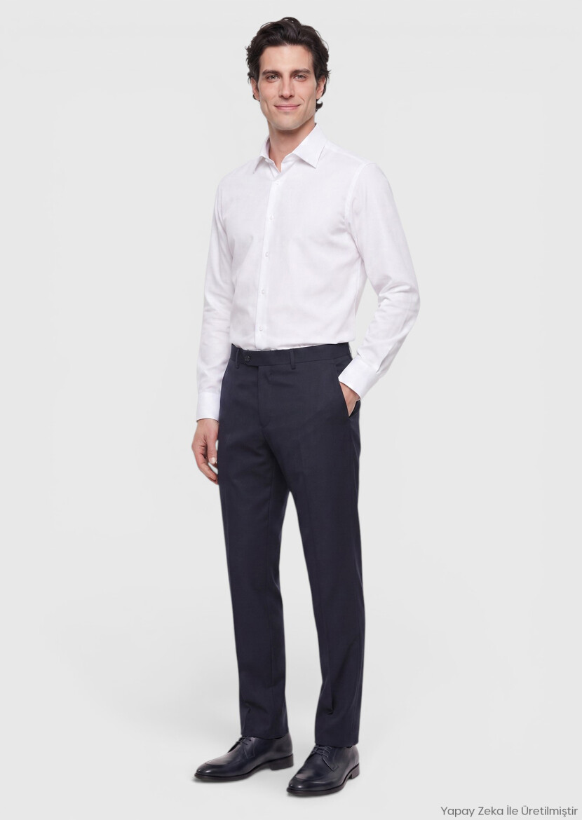 Navy Blue Weaving Regular Fit Classical Wool Blended Trousers - RAMSEY