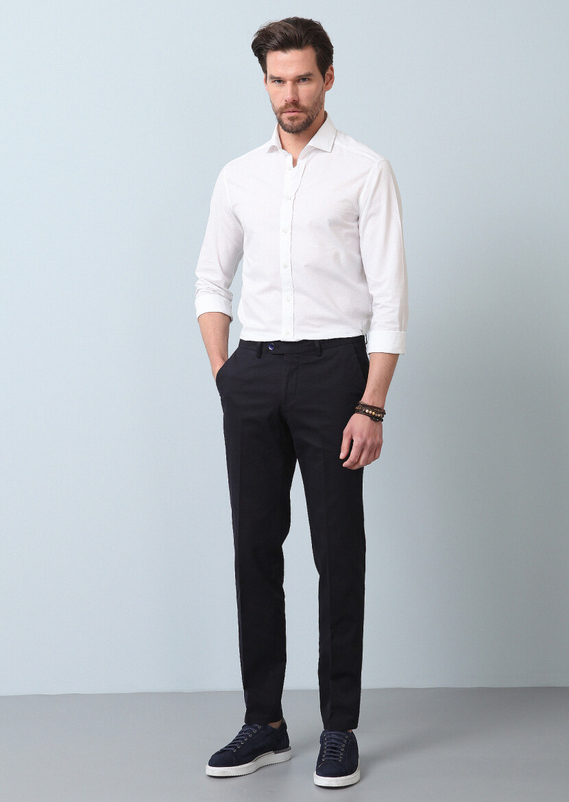 Navy Blue Weaving Regular Fit Smart Casual Cotton Blended Trousers 