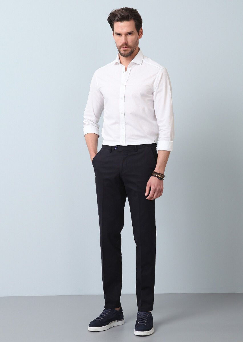 Navy Blue Weaving Regular Fit Smart Casual Cotton Blended Trousers - 2
