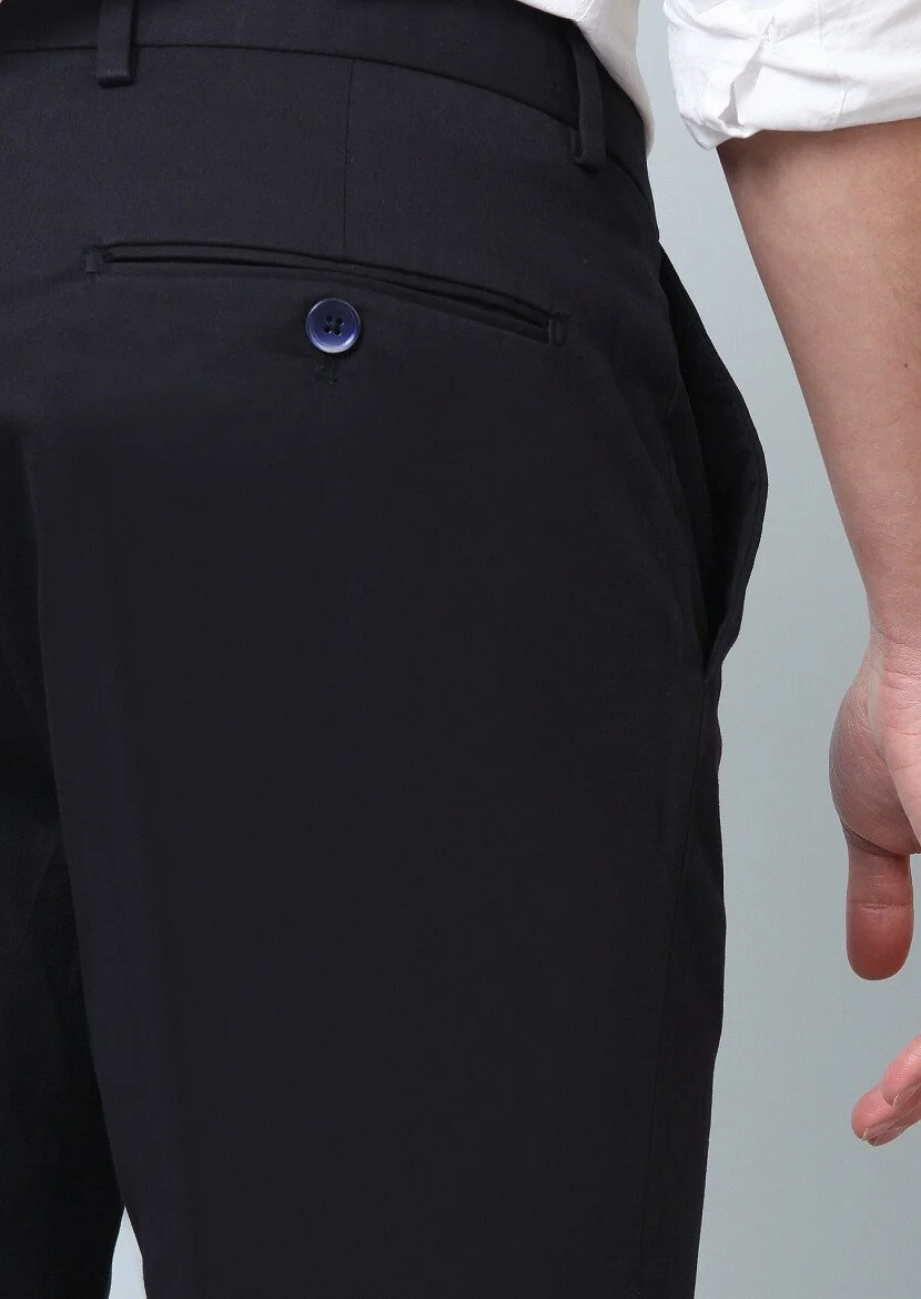 Navy Blue Weaving Regular Fit Smart Casual Cotton Blended Trousers - 4