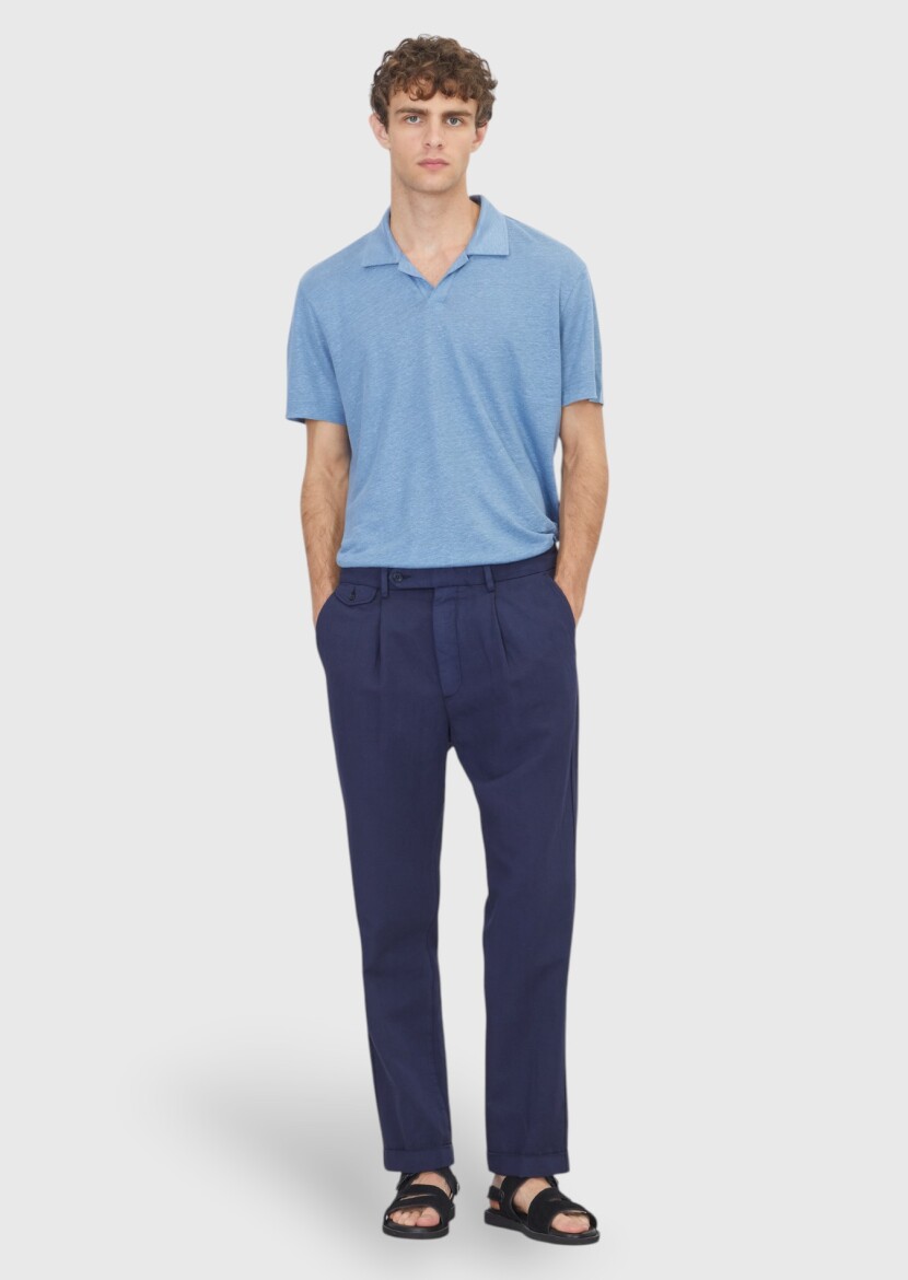 Navy Blue Weaving Relaxed Fit Casual Cotton Blended Trousers - RAMSEY