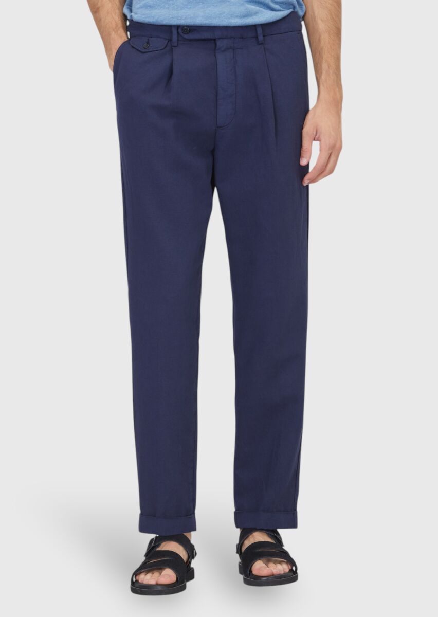 Navy Blue Weaving Relaxed Fit Casual Cotton Blended Trousers - 2