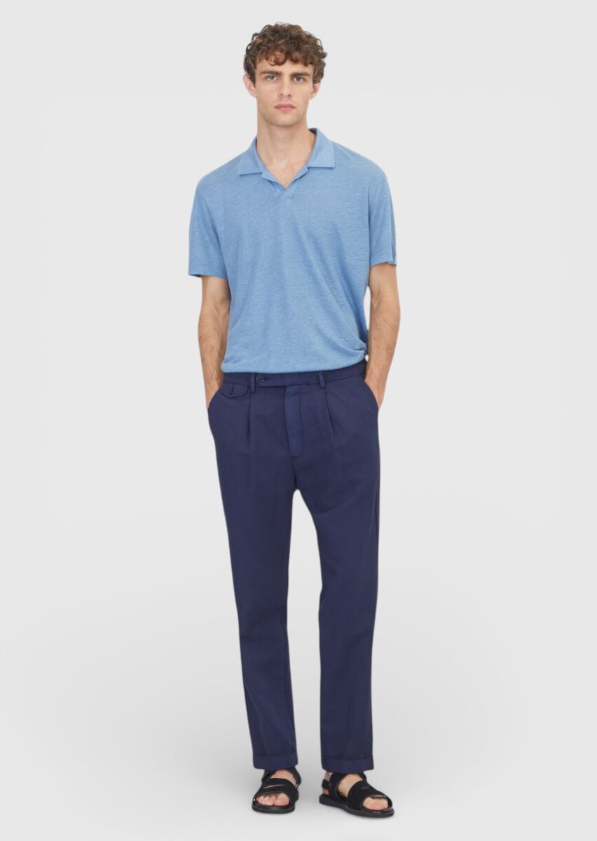 Navy Blue Weaving Relaxed Fit Casual Cotton Blended Trousers - 1