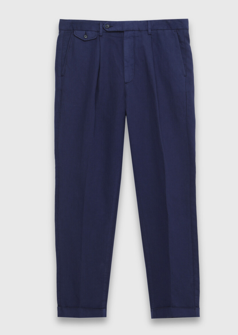 Navy Blue Weaving Relaxed Fit Casual Cotton Blended Trousers - 6
