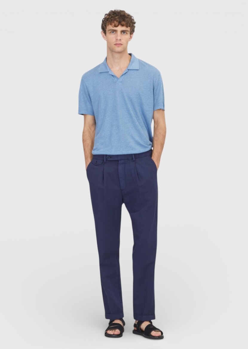 Navy Blue Weaving Relaxed Fit Casual Cotton Blended Trousers - RAMSEY
