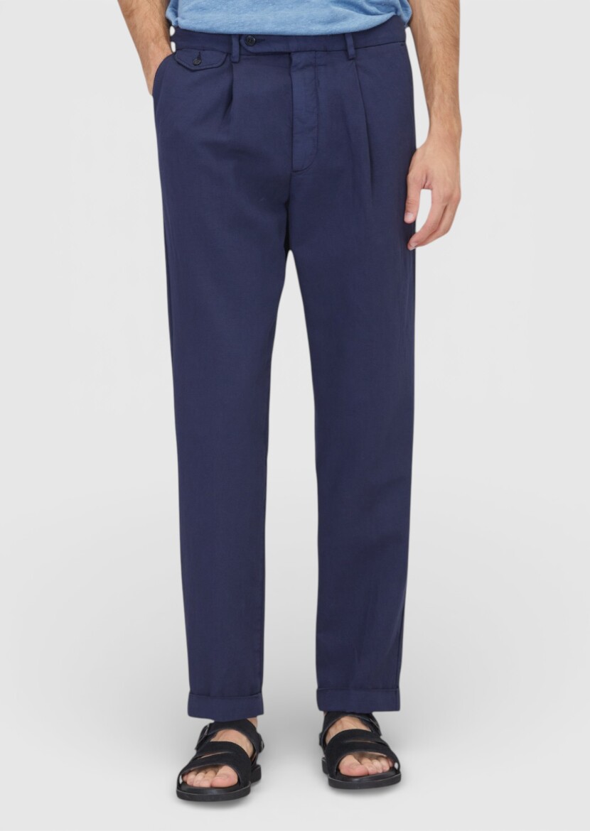 Navy Blue Weaving Relaxed Fit Casual Cotton Blended Trousers - RAMSEY