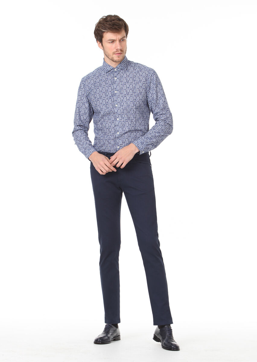 Navy Blue Weaving Slim Fit Casual Cotton Blended Trousers - 1