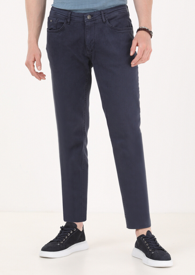 Navy Blue Weaving Slim Fit Casual Cotton Blended Trousers 