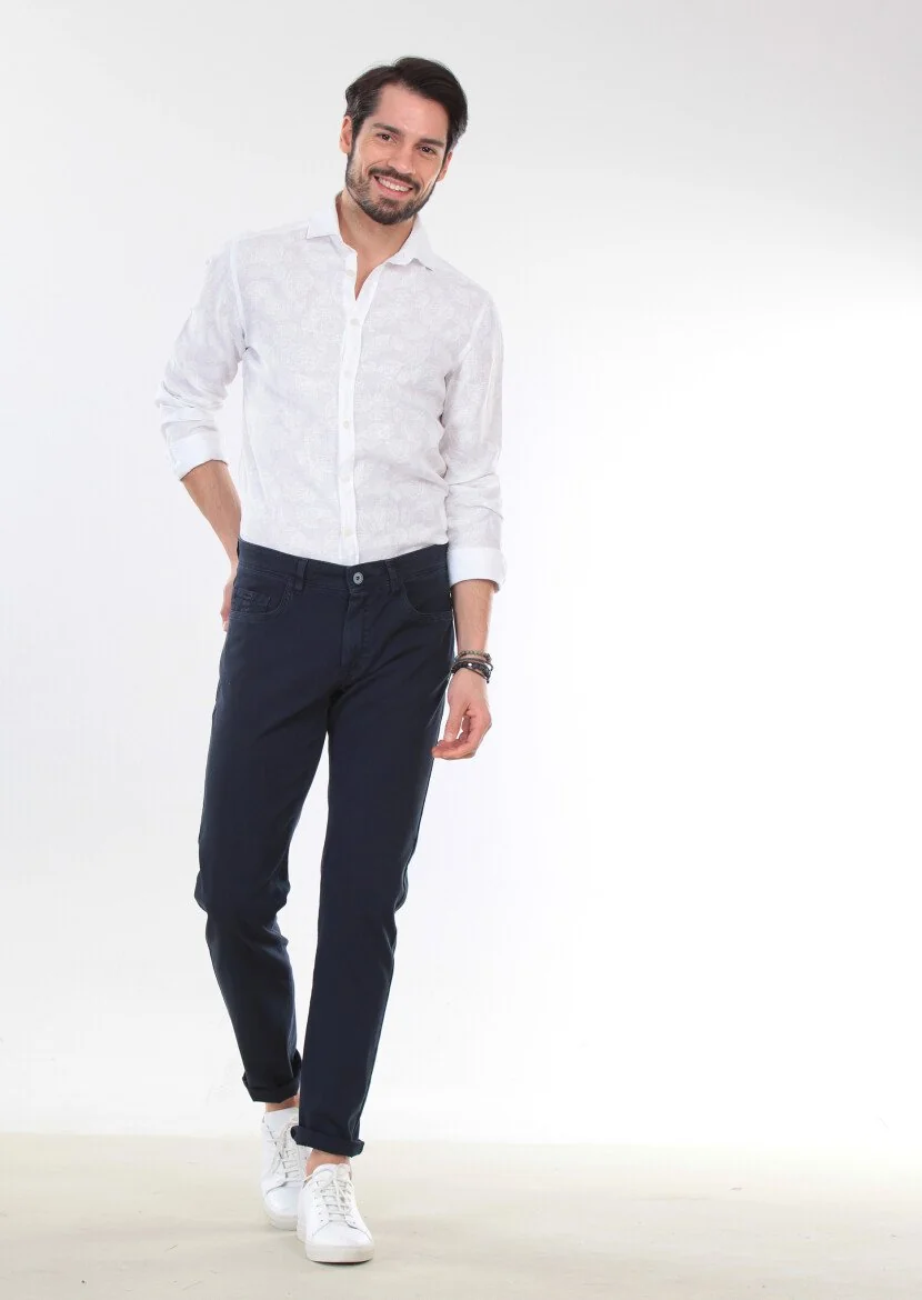 Navy Blue Weaving Slim Fit Casual Cotton Blended Trousers - 1
