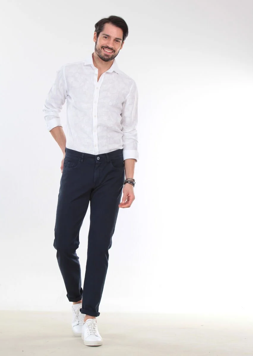 Navy Blue Weaving Slim Fit Casual Cotton Blended Trousers - 1