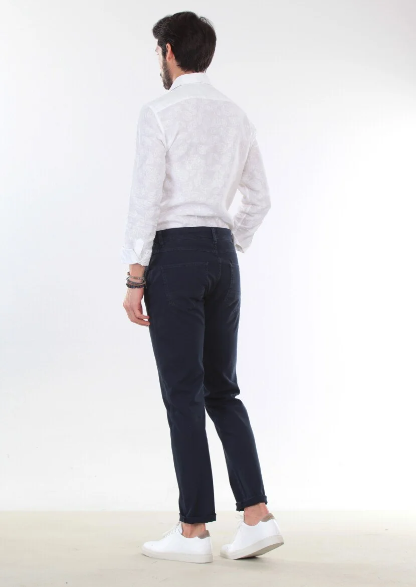 Navy Blue Weaving Slim Fit Casual Cotton Blended Trousers 