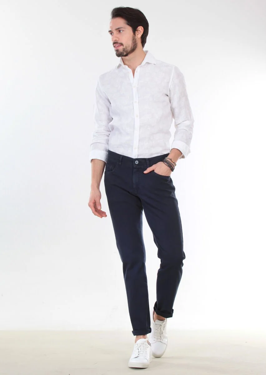 Navy Blue Weaving Slim Fit Casual Cotton Blended Trousers - 4