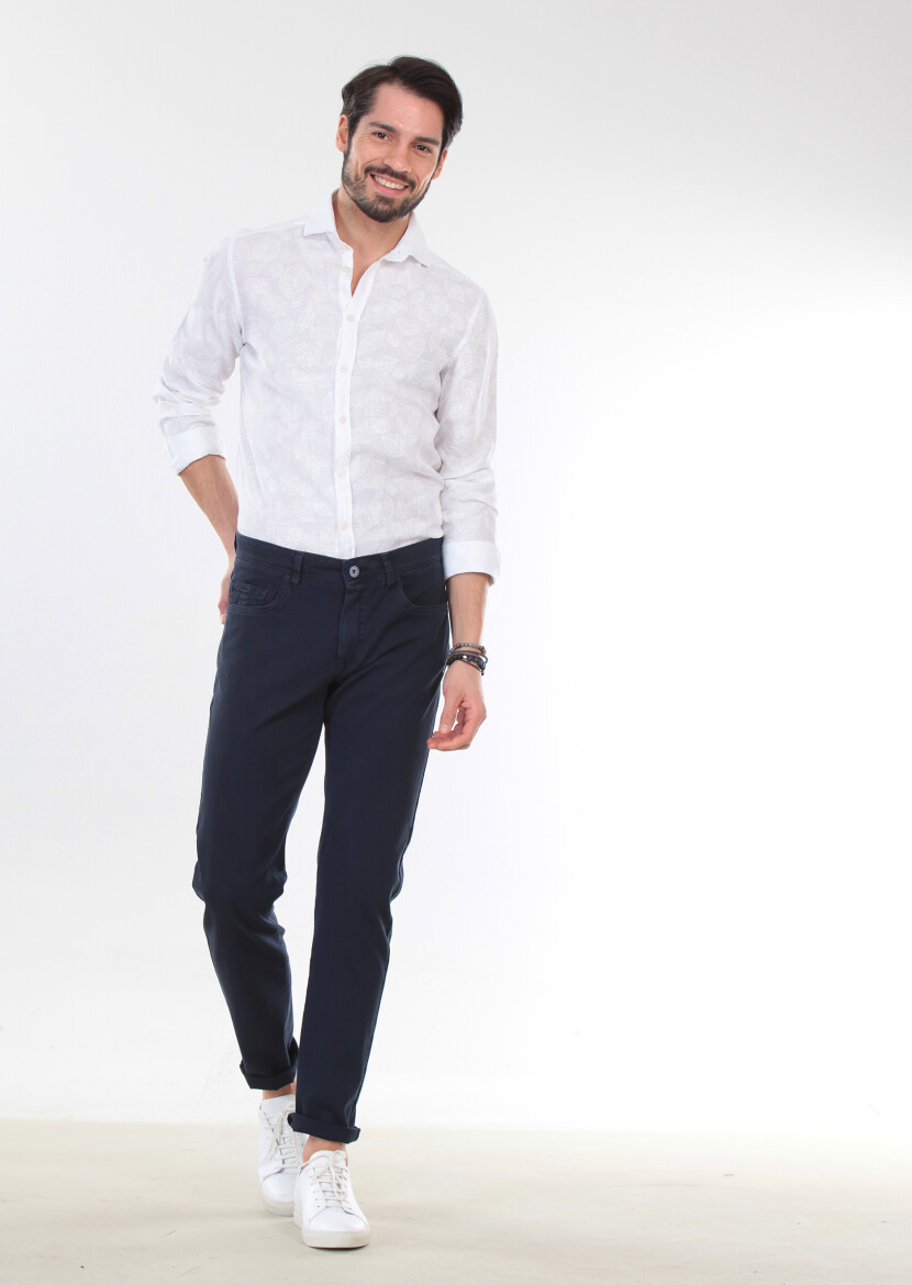 Navy Blue Weaving Slim Fit Casual Cotton Blended Trousers - 1