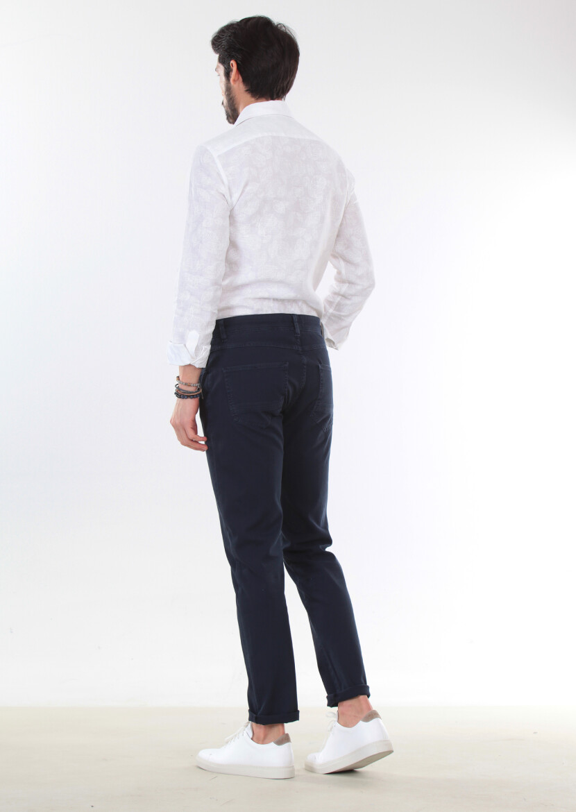 Navy Blue Weaving Slim Fit Casual Cotton Blended Trousers - 2