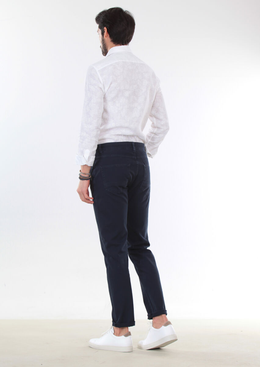 Navy Blue Weaving Slim Fit Casual Cotton Blended Trousers - 2