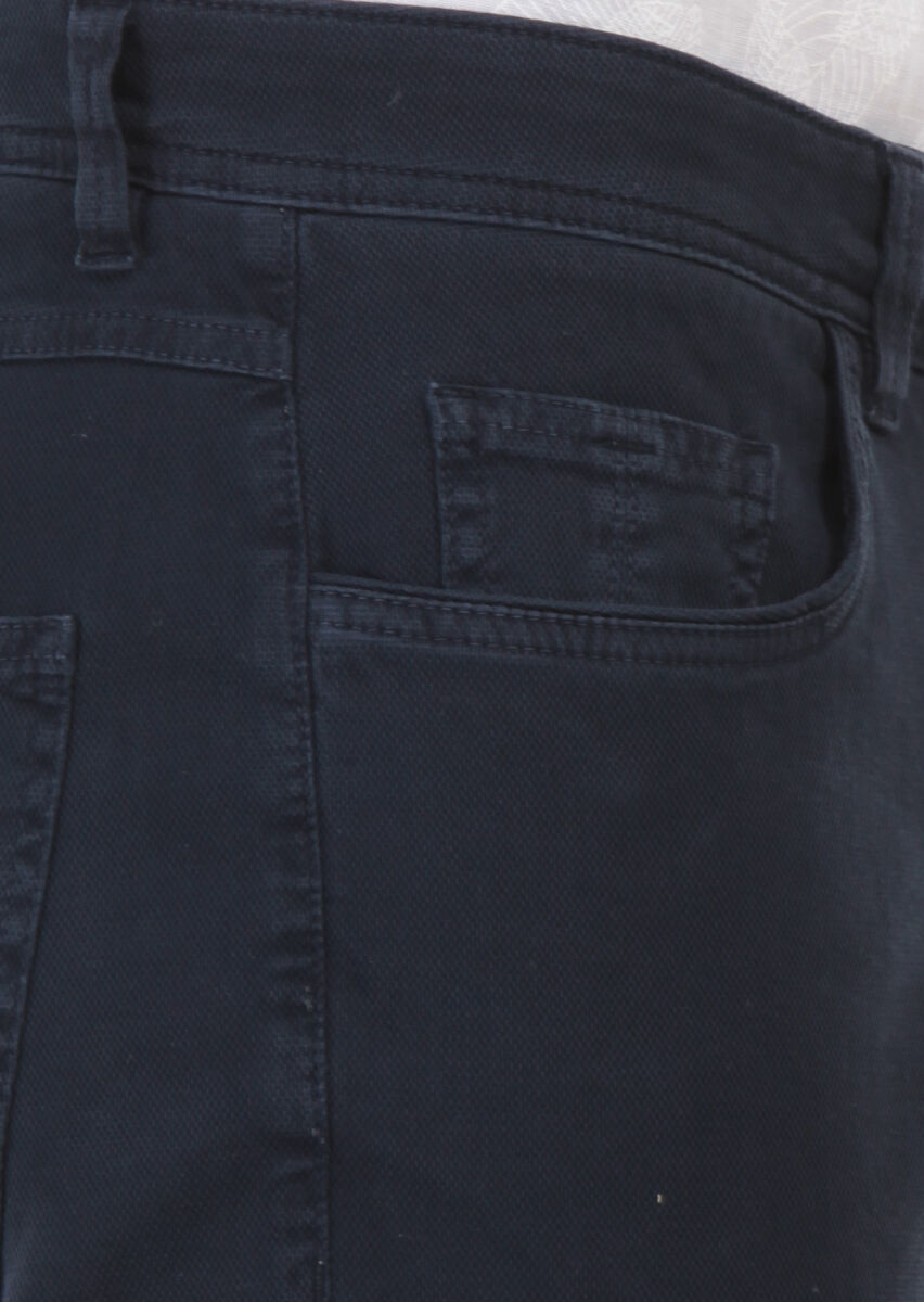 Navy Blue Weaving Slim Fit Casual Cotton Blended Trousers - 5