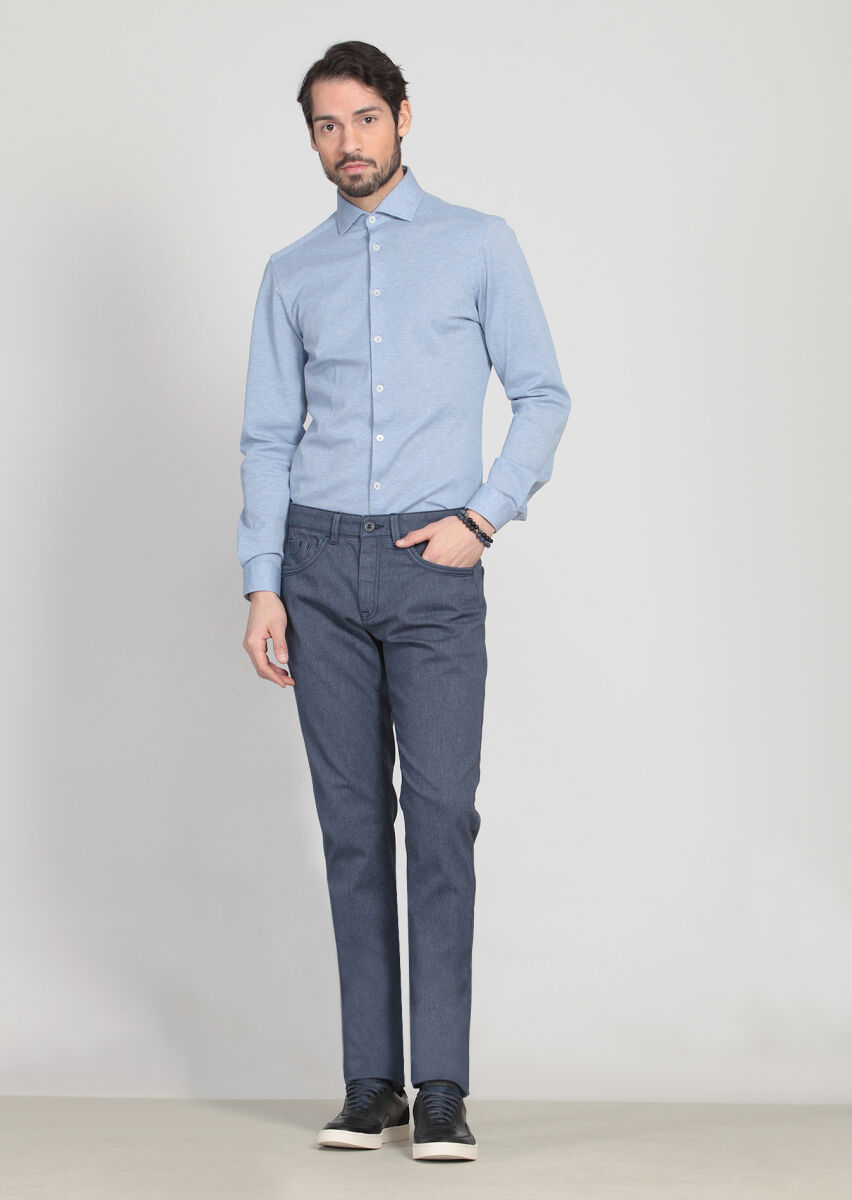 Navy Blue Weaving Slim Fit Casual Cotton Blended Trousers - 2